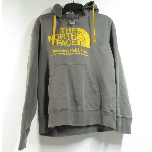 The North Face Gray Hoodie Sweatshirt Yellow Logo Cut Distressed Neck Women M - Picture 1 of 3